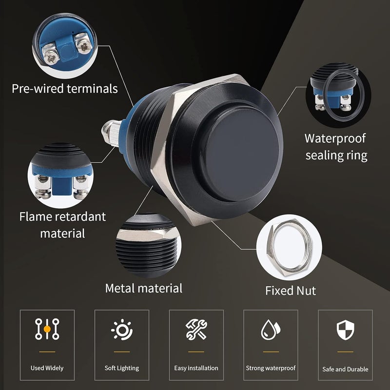 STARELO 5pcs 19mm Momentary Push Button Switch Black Shell, IP65 Waterproof Push Button Switch,Aluminum Alloy 1 Normally Open Without LED. - Image 5